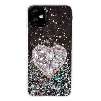 Diamond Heart Držák Telefonu Pouzdro Pro iphone 15 pro max Glitter Stars Kryt pro iphone 14 pro 13pro max 12 11 xs max XR 7 8 plus