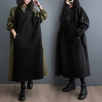 Korean Verze Módní Kontrast Barva Patchwork Šaty Pro Ženy Volné Kování Design Velké Velikosti Dlouhé Šaty Ležérní Oblečení Z3995