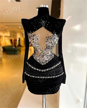 Black Velvet Vysoká Krk Krátké Elegantní Večerní Šaty Pro Ženy, Korálky Crystal Sexy Plášť Koktejlové Párty Šaty вечернее платье