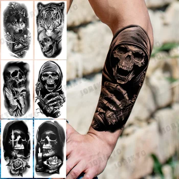 Černá Lebka Předloktí Dočasné Tetování Pro Muže, Dospělý Vlk, Tygr, Růže Květ Anděl Falešné Tetování Vodotěsné Tělo Umění Malování Tetování