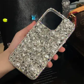 Luxusní Módní Značka Třpytky Bling Pearl Silver Full Diamond Telefon Pouzdro Pro iPhone 15 Pro Max Plus Pro Ženy Nárazník Zadní Kryt