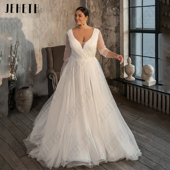 JEHETH Elegantní Svatební Šaty Pro Ženy, Plus Velikost 3/4 Rukávy V-Neck Nevěsta Šaty A-Line Zip Zpět Klasické vestidos de novia