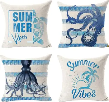 Summer vibes blue ocean umění pruhované zvířata chobotnice povlečení dekorace domácí kancelář hodit polštář pohovka polštář kryt
