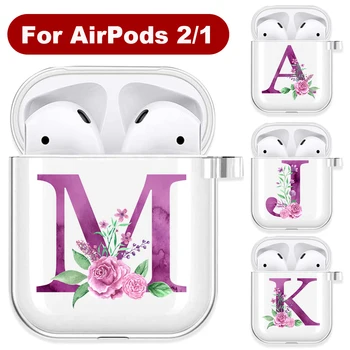 Fialové Růže Kytice Květinové 26 Písmen Měkké TPU Pouzdro Pro AirPods 2 1 Transparentní Silikonové Bezdrátové Bluetooth Sluchátka, Krabice, Kryt