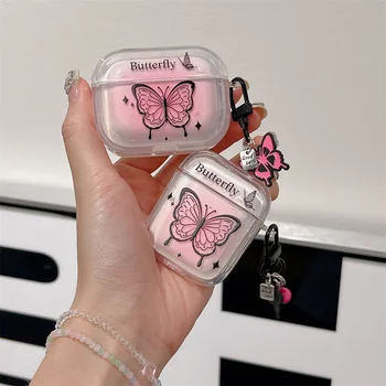 Pink Butterfly Dívky Klíčenka Příslušenství Sluchátka Pouzdro pro AirPods 1 2 Pro Sluchátka Pouzdro pro AirPods 3 Silicon Protector Cover