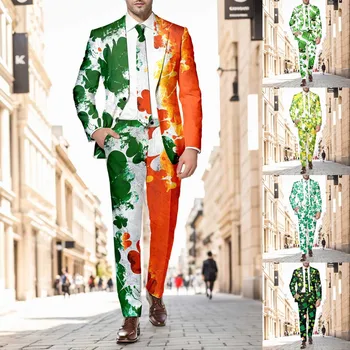 St. Patrick je Den Pánské St Pat Den Oblek dvoudílný Oblek Four Leaf Gold All Print Oblek Kalhoty Grafické Zelené Karneval Festival