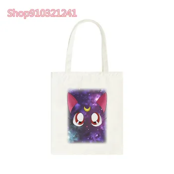 Kawaii Měsíční kočka nákupní taška tisk anime opakovaně nákupní recyklovat taška shopper roztomilý kreslený plátno batoh ženy bolsa opakovaně