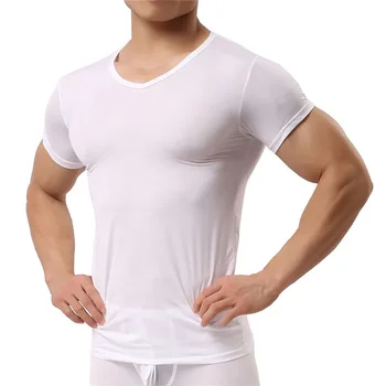 A2336 Muž Nátělník Ice Hedvábí T Košile Mužské Nylon V-neck Krátký Rukáv Topy Ultra-tenké Super oblečení na Spaní Nátělník