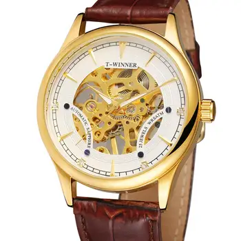VÍTĚZ HODINKY Módní pánské hodinky zlato duté design, bílý číselník, hnědý pásek automatické mechanické hodinky vánoční dárky