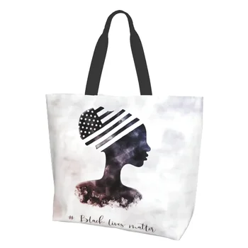 Africká Americká Černá Žena Na Černých Životech Záleží Usa Vlajka Vlastenectví Plátno Tote Bag Tašky S Potravinami Hromadné Velký Neformální Nakupování
