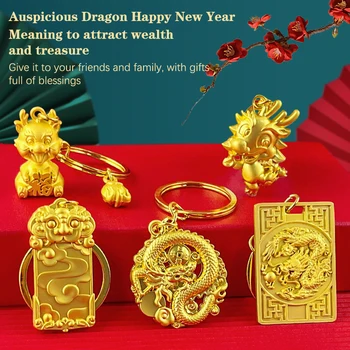 2024 Rok Čínského Zvěrokruhu Drak Štěstí Klíčenka Zlaté Barvy Roztomilý Keychain Pro Nový Rok Dárky Auto, Tašku, Batoh, Přívěsek